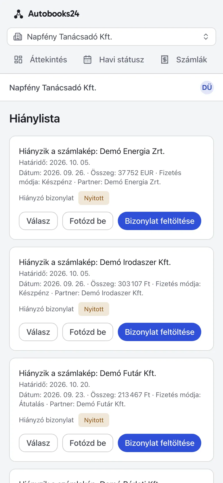Ügyfélportál telefonon: hiányzó bizonylatok listája Fotózd be és Bizonylat feltöltése gombokkal