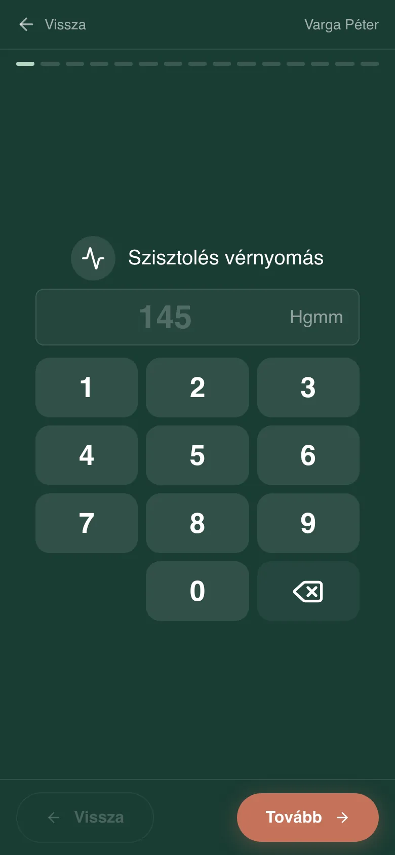 Vizit rögzítése telefonon: szisztolés vérnyomás mező nagy számbillentyűzettel, lépésjelzővel