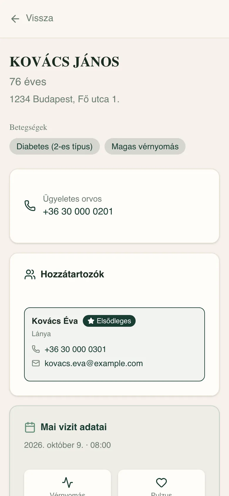 Páciens adatlap telefonon: betegségek, ügyeletes orvos és hozzátartozó elérhetősége, mai vizit adatai