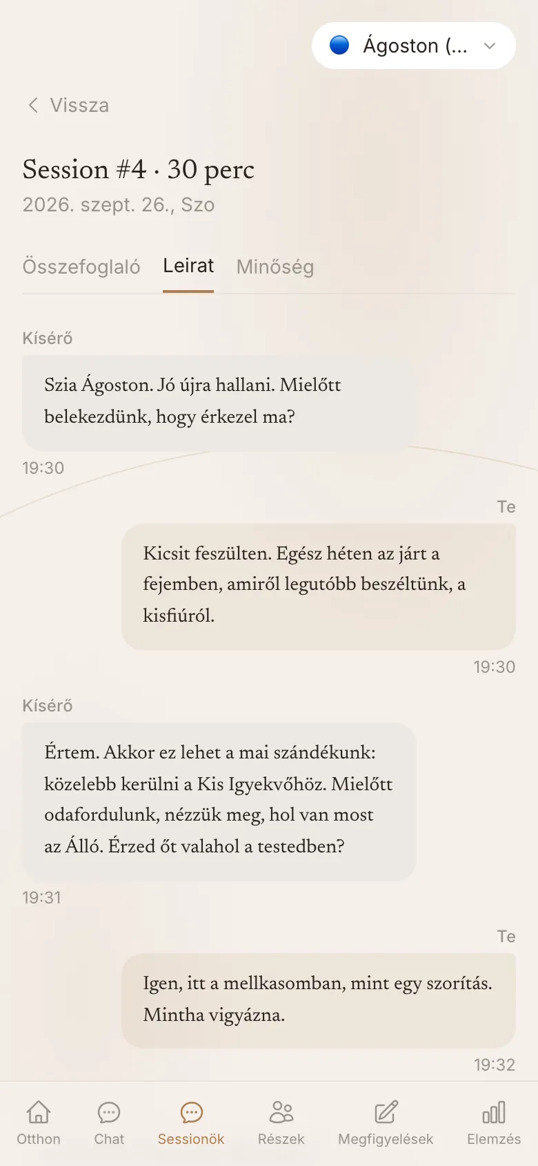 Telefonos nézet: egy alkalom leirata, a kísérő és a kliens mondatai időbélyeggel