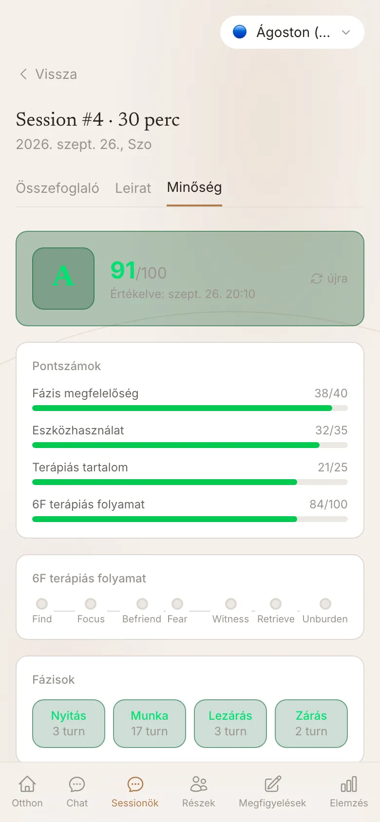 Telefonos nézet: egy alkalom automatikus minőségértékelése pontszámmal és szakaszonkénti bontással