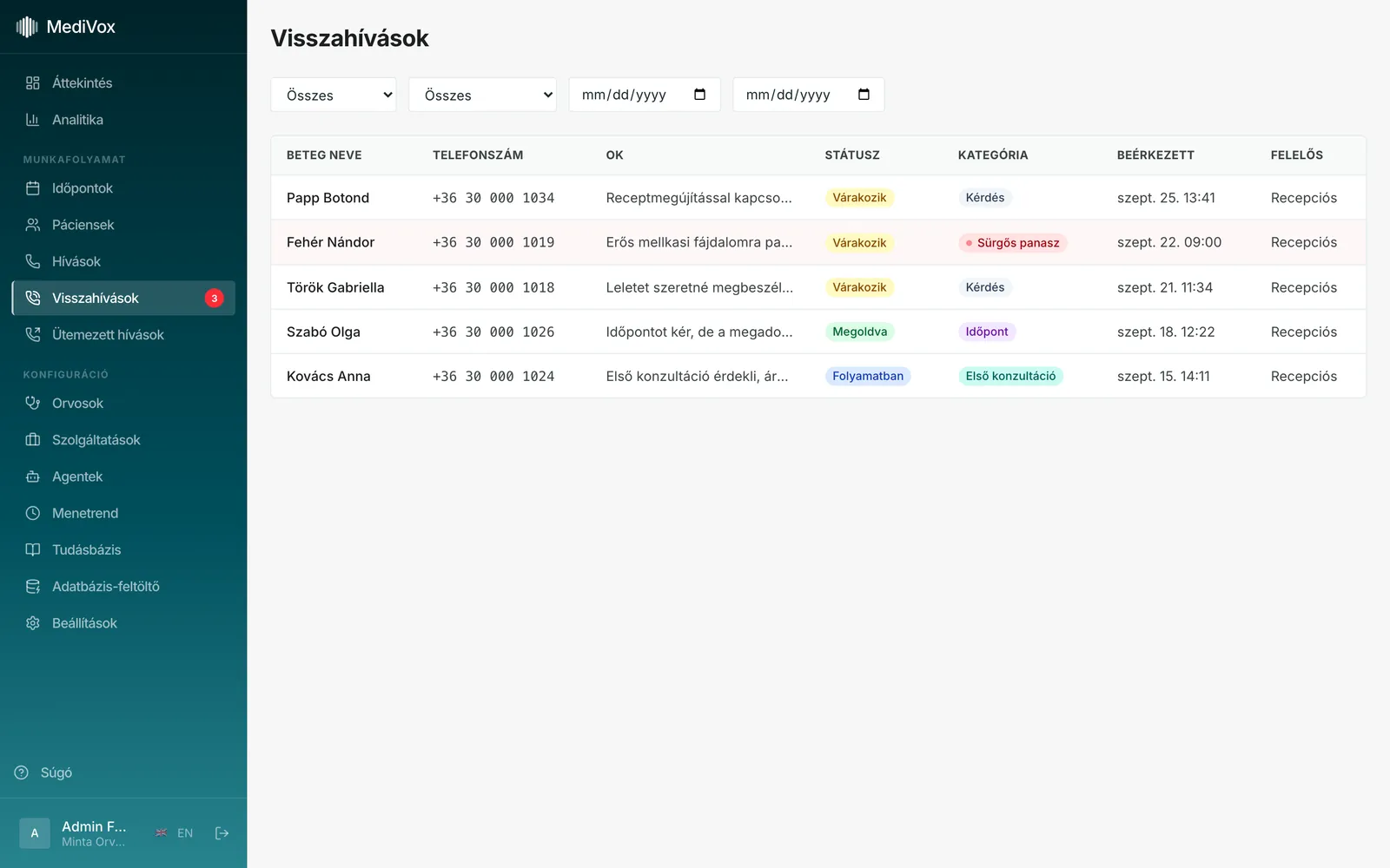 Visszahívási kérések listája kategóriával és státusszal