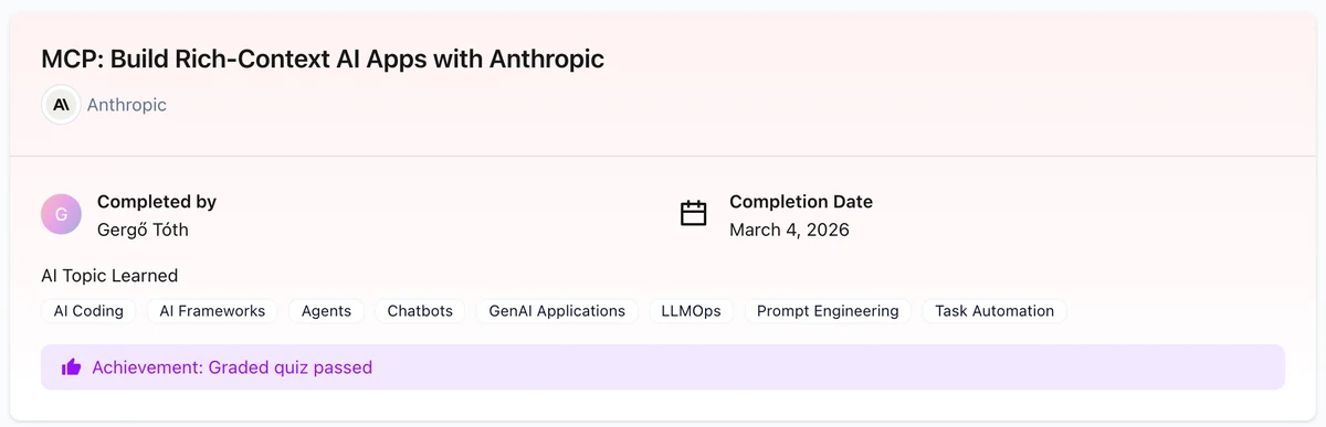 Teljesítésigazolás: MCP: Build Rich-Context AI Apps with Anthropic — DeepLearning.AI, Tóth Gergő